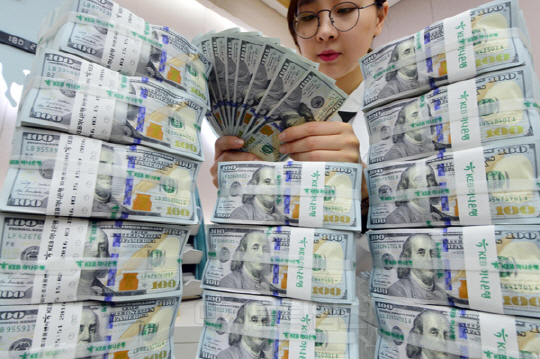 우리나라 외환보유액이 작년 10월 말 3천696억 달러에서 11월 말 3천684억6천만 달러로 줄어든 이후 올해 2월까지 넉달 연속 감소했다가 5개월 만에 증가세를 나타냈다.5일 한국은행에 따르면 지난 3월 말 현재 외환보유액은 3698억 4000만 달러로 2월보다 40억8000만 달러 늘었다. 서울 명동 KEB하나은행 위변조대응센터에서 직원이 달러를 검사하고 있다.   김민수기자 ultrartist@